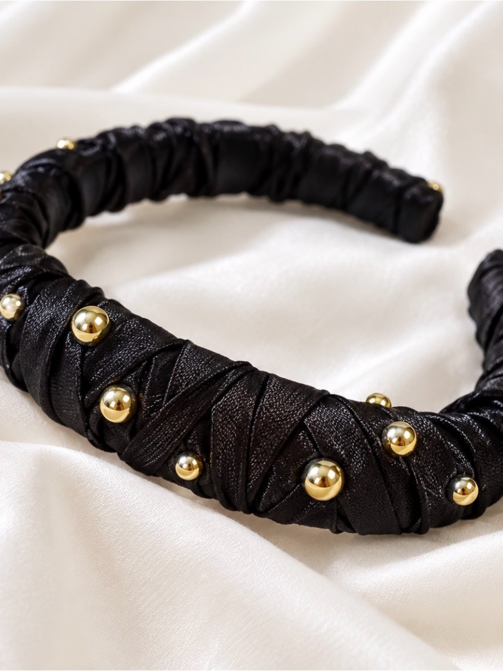 Handmade Black Satin Gold Stud Headband – 1/23